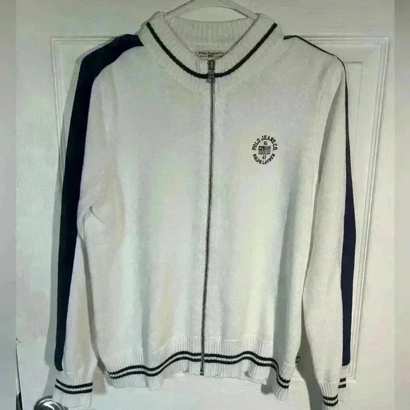 Polo Jeans Company Ralph Lauren Ladies Tennis Sweater. White/Navy. Size Large. - Picture 1 of 8